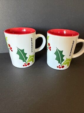 2011 STARBUCKS COFFEE CUP 9 oz red  white holy leaf design set of 2 vintage